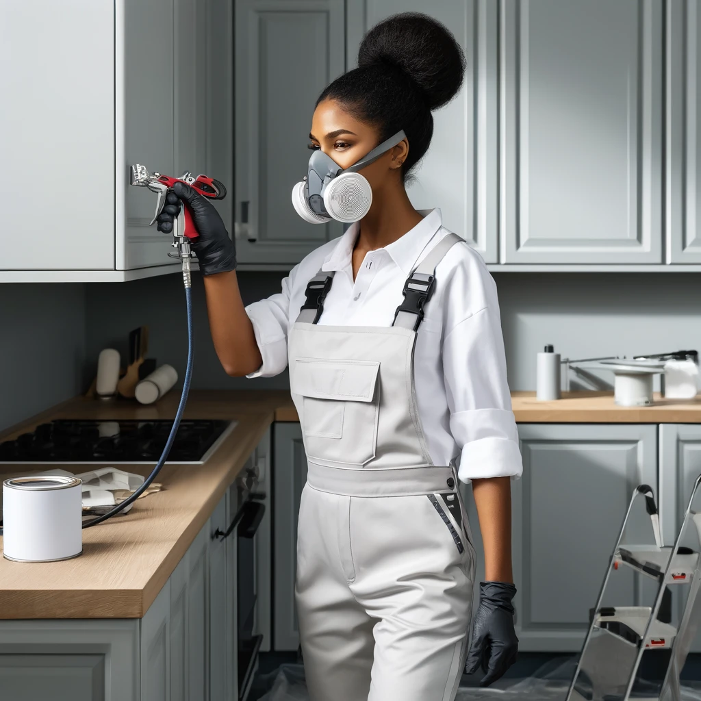 Woman in overalls painting kitchen cabinets with a spray gun
