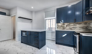 Blue Kitchen Cabinets And White Tile Flooring In A Kitchen With Cabinet Refinishing, Kitchen Cabinets, Kitchen Remodel