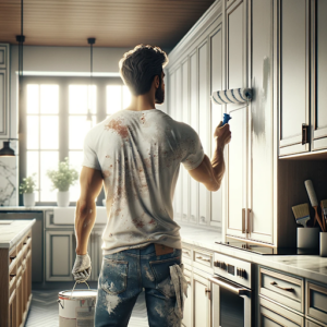 A man using a paint roller to paint a kitchen, adding color and freshness to the room's walls.