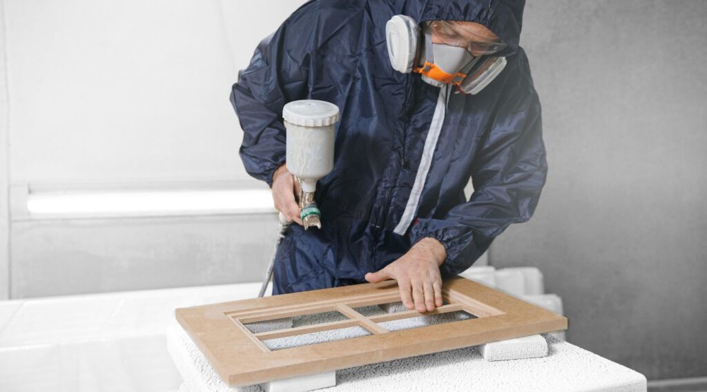 A man in a protective suit carefully paints a window, preparing for a kitchen cabinet renovation project.