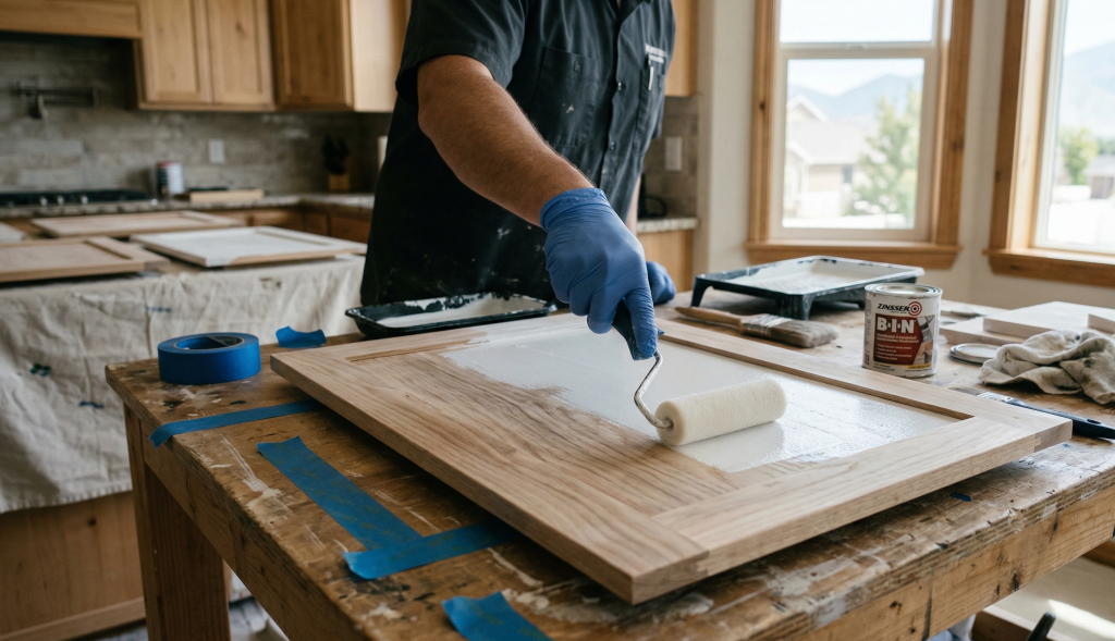 Do You Have to Prime Cabinets Before Painting? Yes. Here's 9 Proven Reasons Why 1 do you have to prime cabinets before painting — professional applying primer to cabinet door
