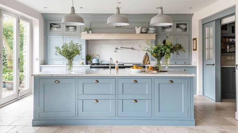 A modern kitchen featuring blue cabinets and a white island, showcasing professional cabinet painting techniques.