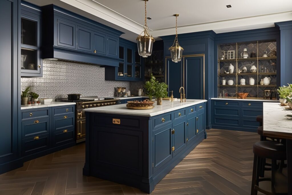 A stylish kitchen adorned with blue cabinets and a luxurious gold chandelier, highlighting the artistry of cabinet painting.