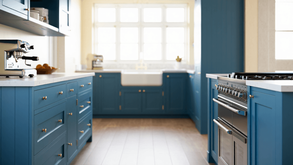 A luxury kitchen featuring new stainless steel appliances and freshly refinished slate blue cabinets, showing how you can upgrade your space when you refinish your kitchen cabinets.