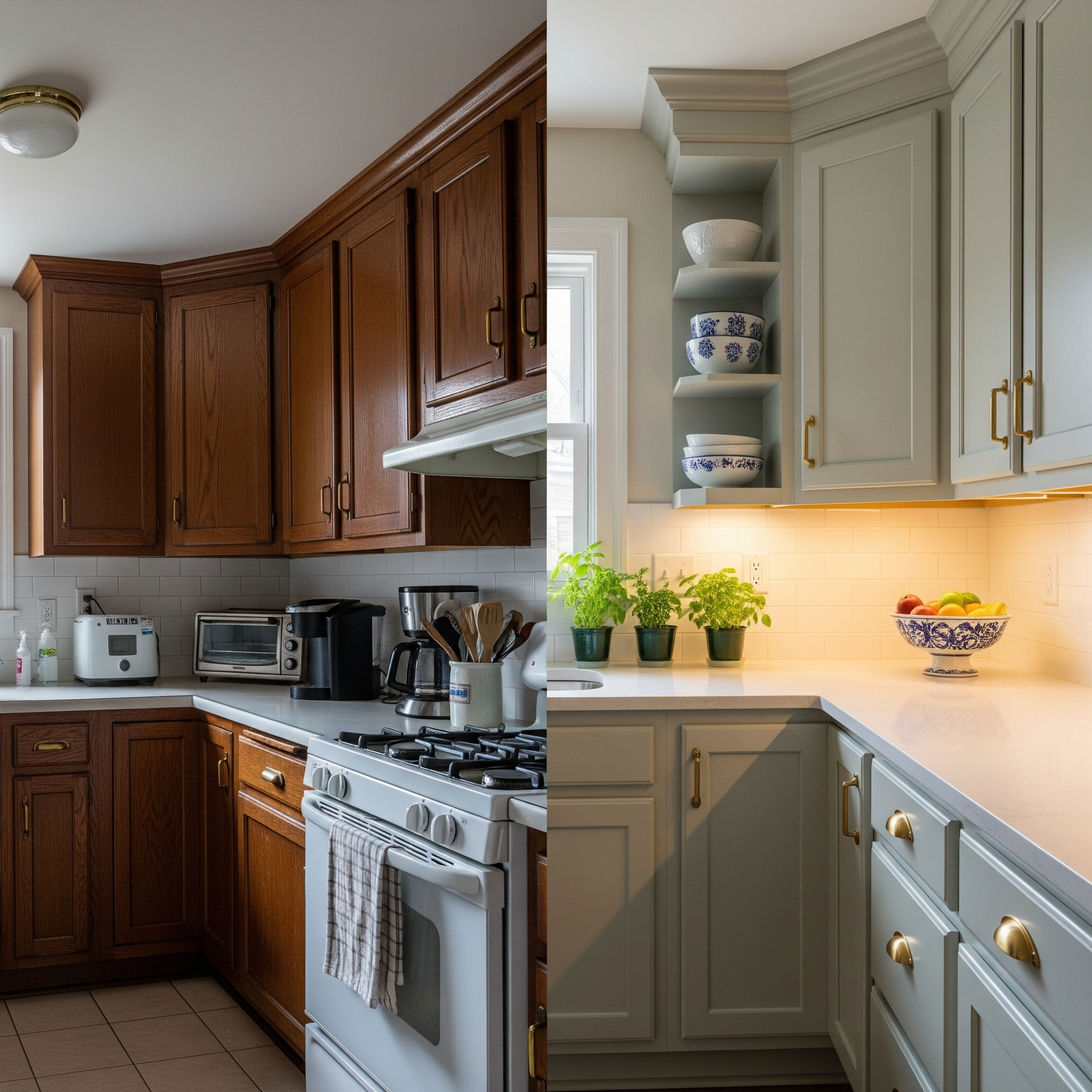 ted kitchen with dull, faded, and grimy wood cabinets under harsh, cool-toned lighting, representing a "before" state of a renovation project