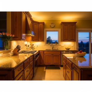 kitchen with warm under-cabinet LED lighting illuminating the revived wood cabinets