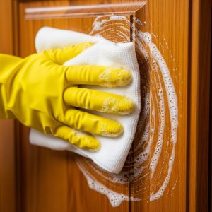  A hand in a yellow rubber glove cleaning a greasy wood cabinet with a soapy cloth, showing the dirt being lifted off