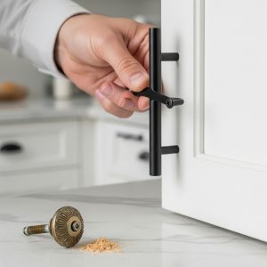  A person installing a modern matte black handle on a white cabinet, with the old brass knob in the foreground.
