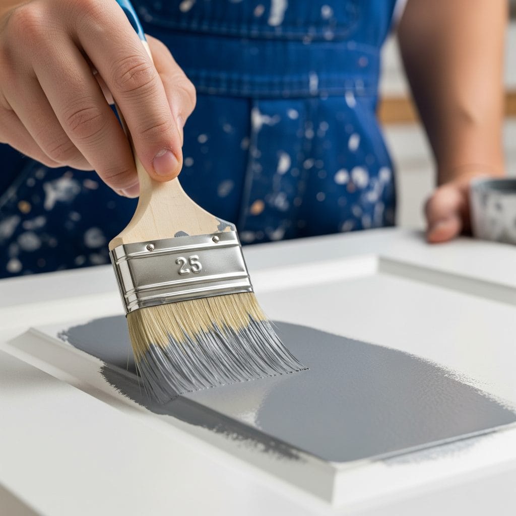 This Is the FASTEST Way to Paint Kitchen Cabinets 1 A person in painter's overalls applying grey paint to a cabinet door with a paintbrush. paint kitchen cabinets DIY