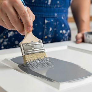 A person in painter's overalls applying grey paint to a cabinet door with a paintbrush.