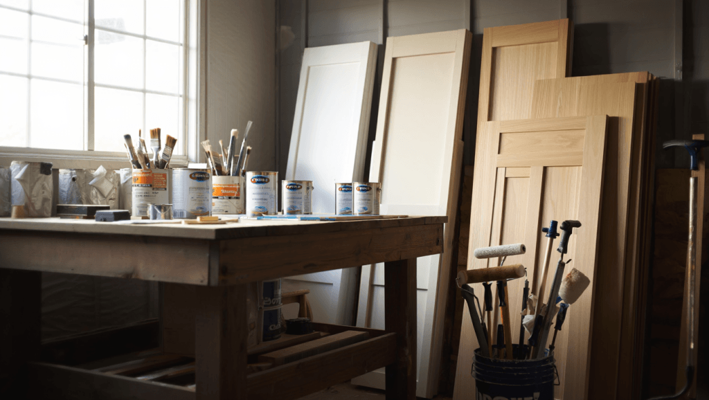 Do You Need to Prime Cabinets Before Painting? Pros, Cons & Expert Tips 4 Collection of primer cans and brushes showing professional options to prime cabinets before painting.