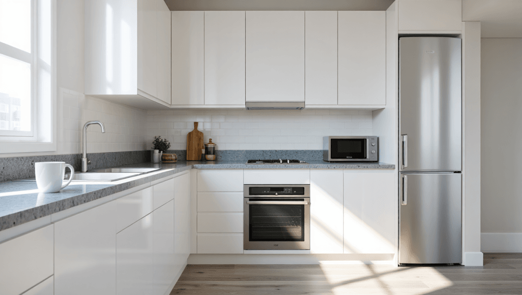 Do You Need to Prime Cabinets Before Painting? Pros, Cons & Expert Tips 5 Modern kitchen with bright painted cabinets showing results of priming cabinets before painting.