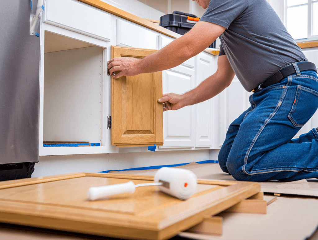 Installer aligning new kitchen cabinet door; wood veneer on face frames, hinges laid out on a padded mat.