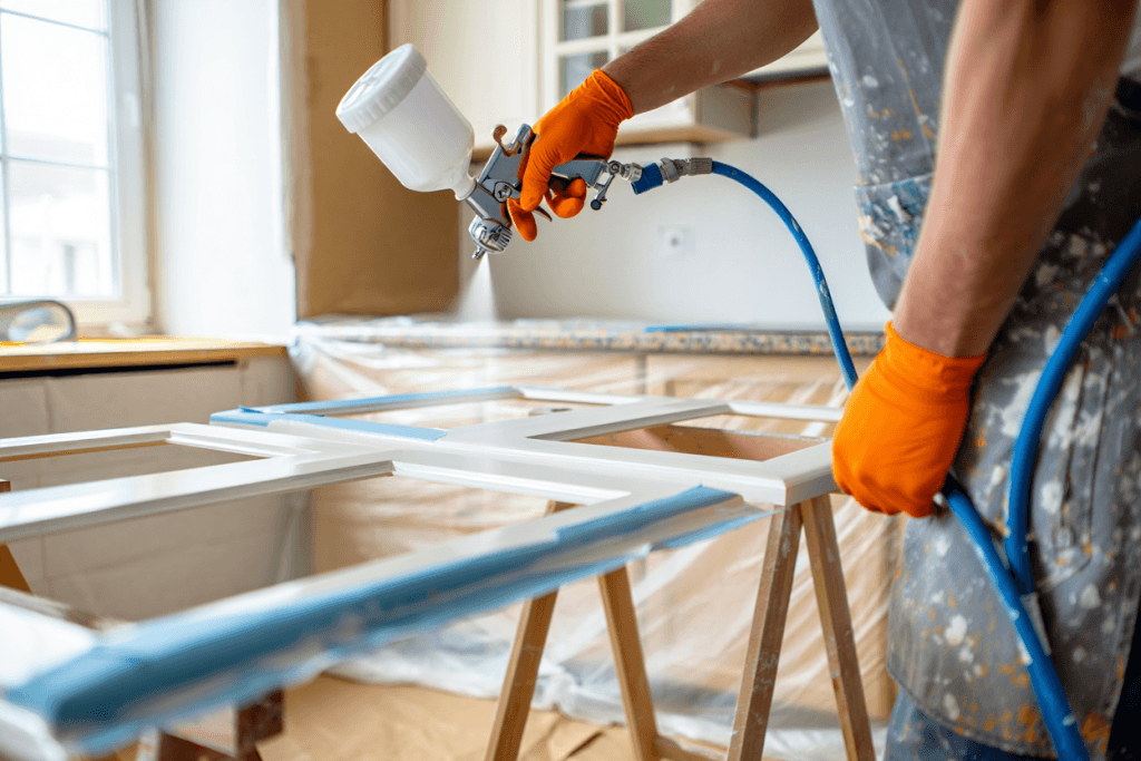 Pro spraying satin white 2K polyurethane on kitchen cabinet doors; kitchen masked with plastic and blue painter’s tape.