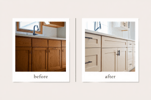 A dramatic before-and-after of a kitchen cabinet restoration in Utah, showing worn oak cabinets transformed into a bright, modern kitchen with professionally painted white cabinets