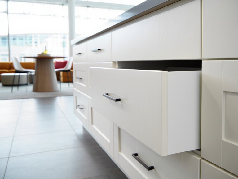 Newly redone office Breakroom Cabinet Refinishing
