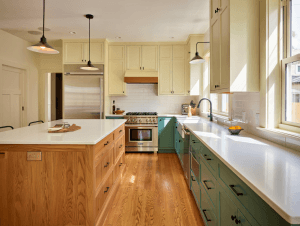 Modern kitchen featuring popular 2025 kitchen cabinet colors: creamy white upper cabinets, sage green lower cabinets, and a natural wood kitchen island, reflecting warmer, nature-inspired design trends.