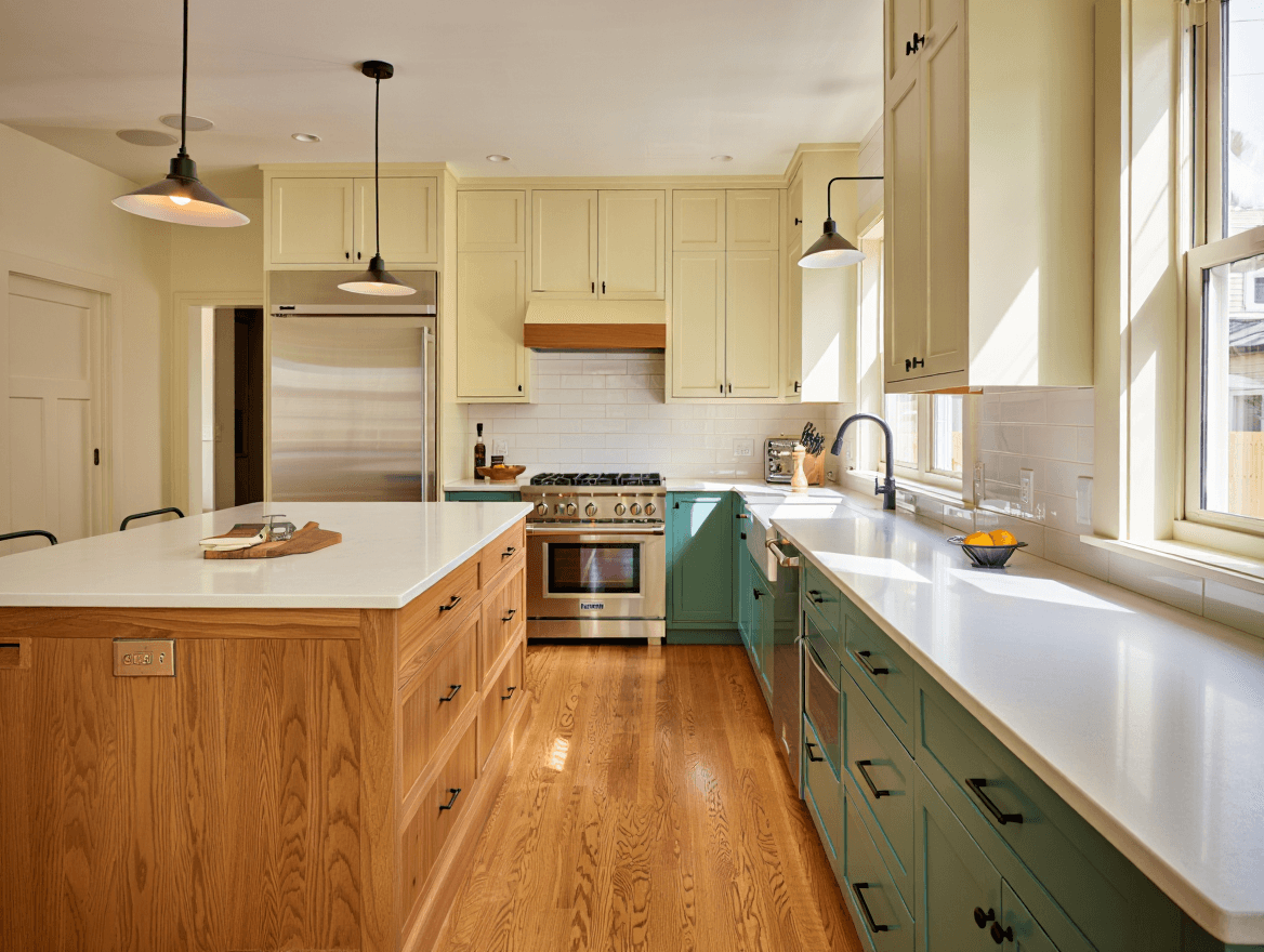 Modern kitchen featuring popular 2025 kitchen cabinet colors: creamy white upper cabinets, sage green lower cabinets, and a natural wood kitchen island, reflecting warmer, nature-inspired design trends.