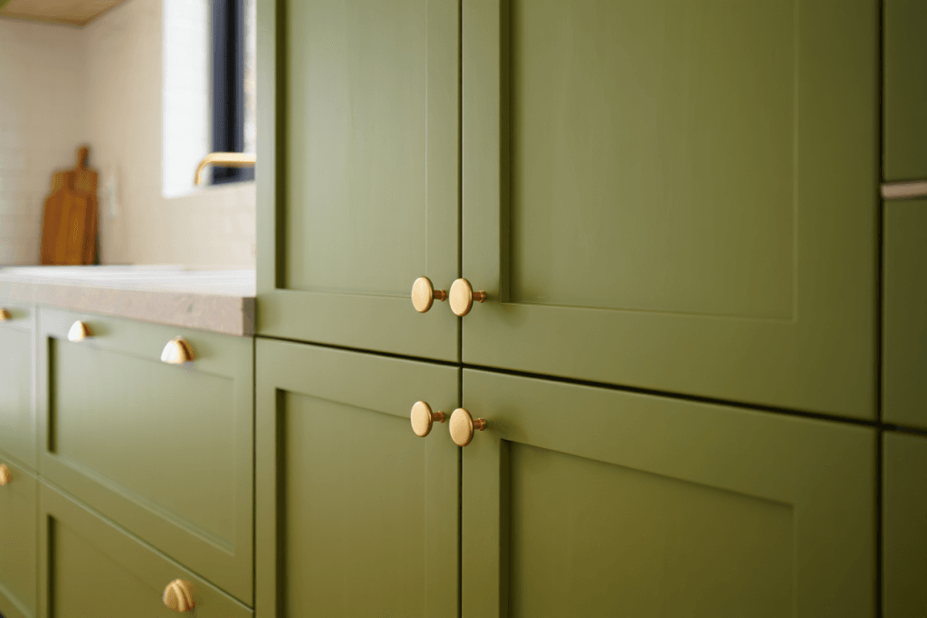 Close-up of sage and olive green cabinetry with brass hardware, representing nature-inspired 2025 kitchen cabinet colors.