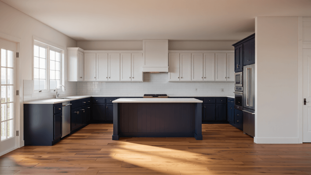 Open-concept kitchen featuring two-tone cabinetry with charcoal lowers and white uppers, illustrating popular 2025 kitchen cabinet colors and design trends