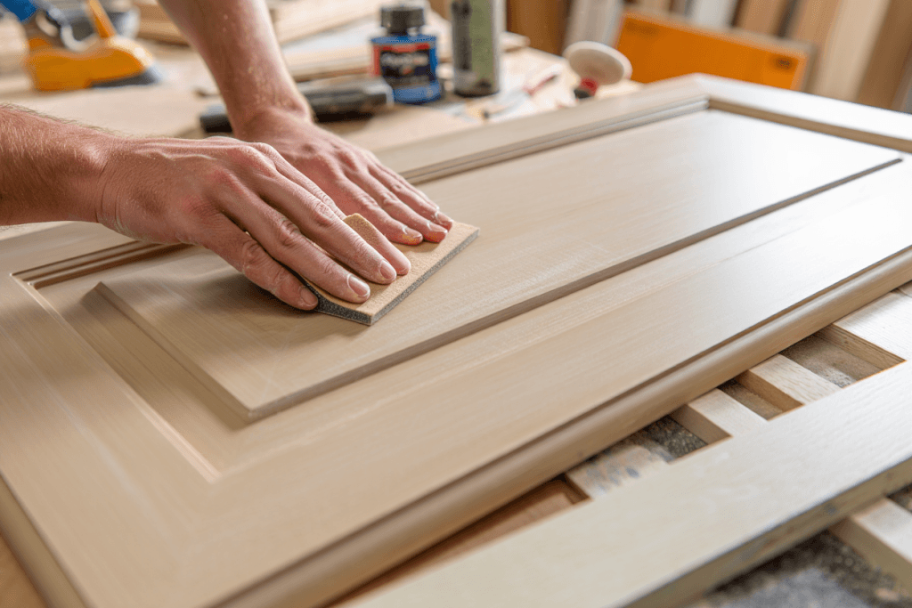 Professional meticulously sanding a kitchen cabinet door in a workshop, demonstrating crucial preparation for long-lasting 2025 kitchen cabinet colors