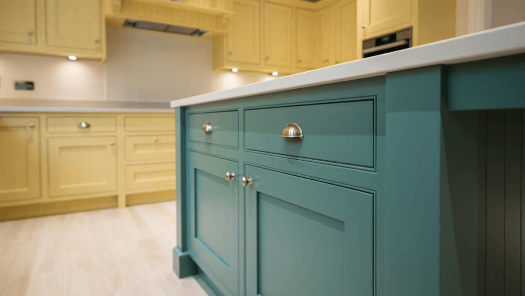 Kitchen featuring a muted teal island as a bold accent, showcasing how unique 2025 kitchen cabinet colors can add personality.