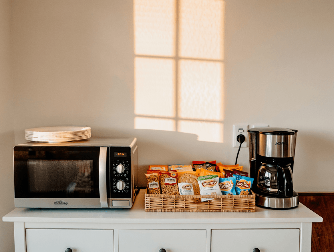 Temporary kitchen setup with microwave and essentials used while kitchen cabinet painting is in progress.