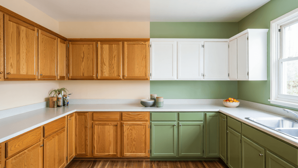 5 Signs Your Kitchen Cabinets Need Refinishing 2 kitchen transformation: left side with honey-oak cabinets and beige walls, right side with newly painted sage-green and soft white cabinets. Kitchen Cabinets Refinishing Transformation