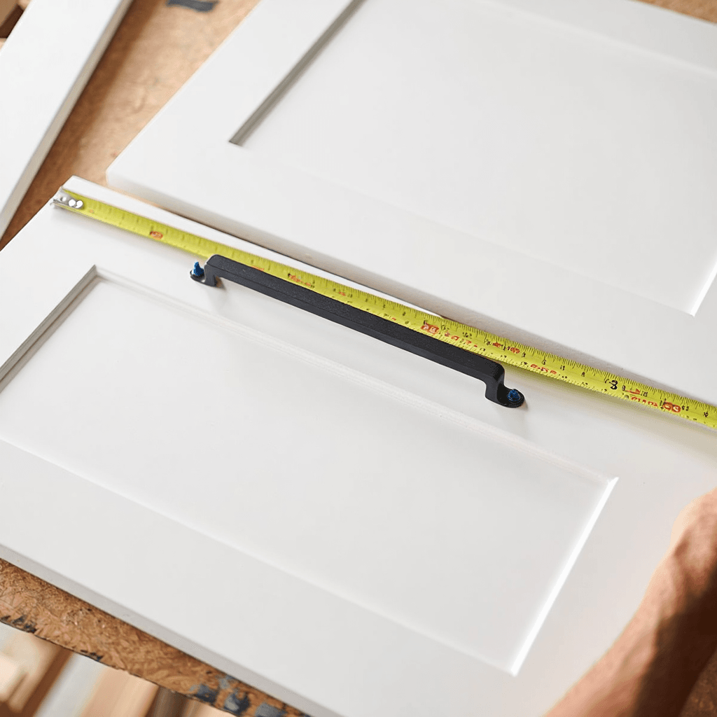 Cabinet door showing hardware hole spacing and installation for painted kitchen cabinets
