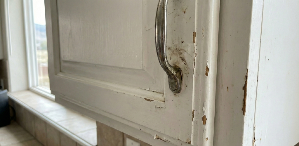 Peeling cabinet paint caused by lack of sanding before painting