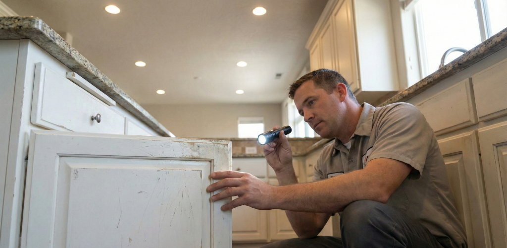 Professional cabinet refinisher checking cabinet surface condition before sanding