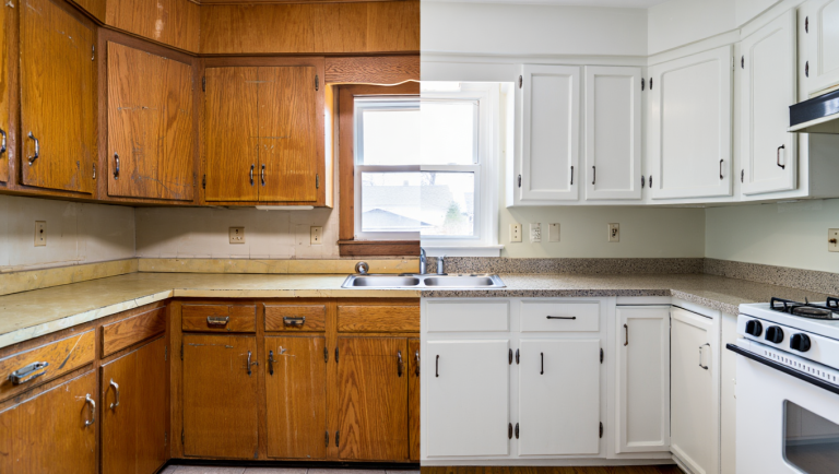 Split image showing dated oak cabinets before and bright white refinished cabinets after professional restoring old kitchen cabinets