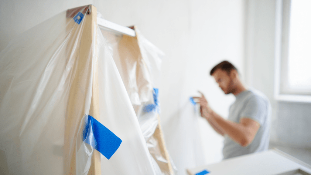 How Much Does it Cost to Paint Kitchen Cabinets in Utah? 4 Plastic zip-walls set up in a kitchen to contain paint fumes and dust during cabinet refinishing.