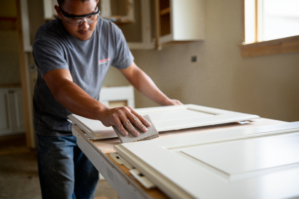 Professional cabinet painter sanding kitchen cabinets doors before painting in Utah home