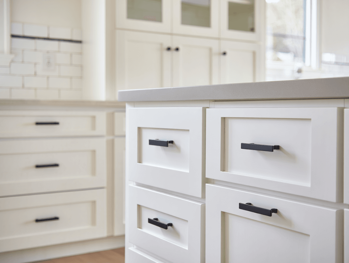 White painted kitchen cabinets with matte black handles and knobs in modern farmhouse style Utah home