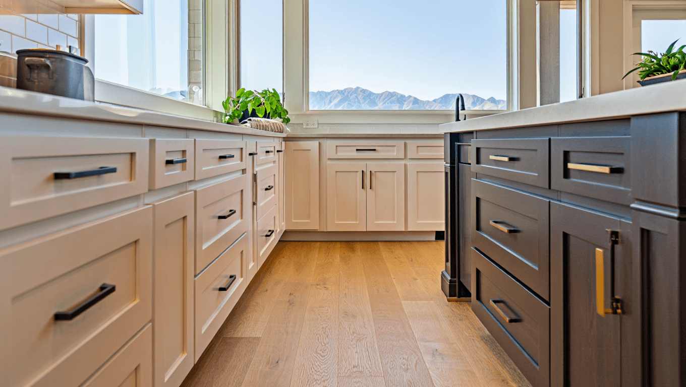 Modern farmhouse kitchen in Utah with white and greige shaker cabinets, wood floors, and large windows showing bright natural light.