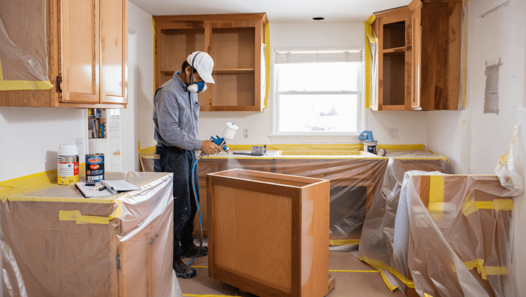 Masked kitchen with cabinet boxes being professionally sprayed while doors are removed for off-site finishing.