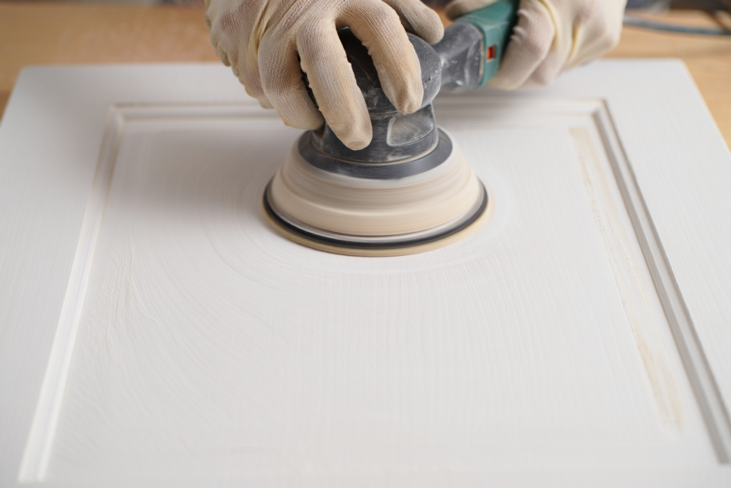 Orbital sander prepping cabinet door surface for professional cabinet painting