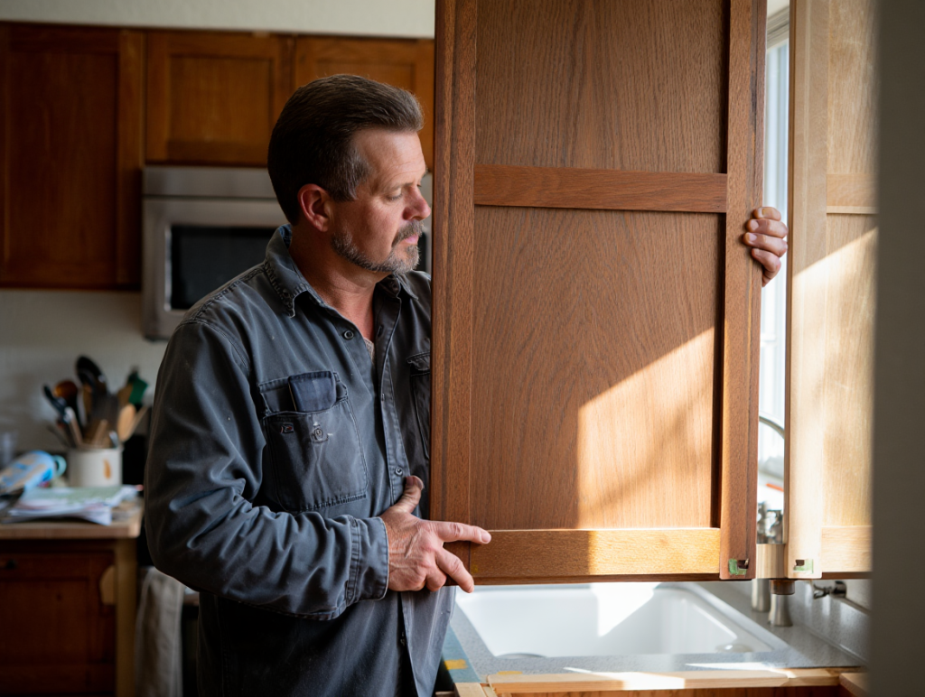 Cabinet painter inspecting kitchen cabinet door construction and wood condition