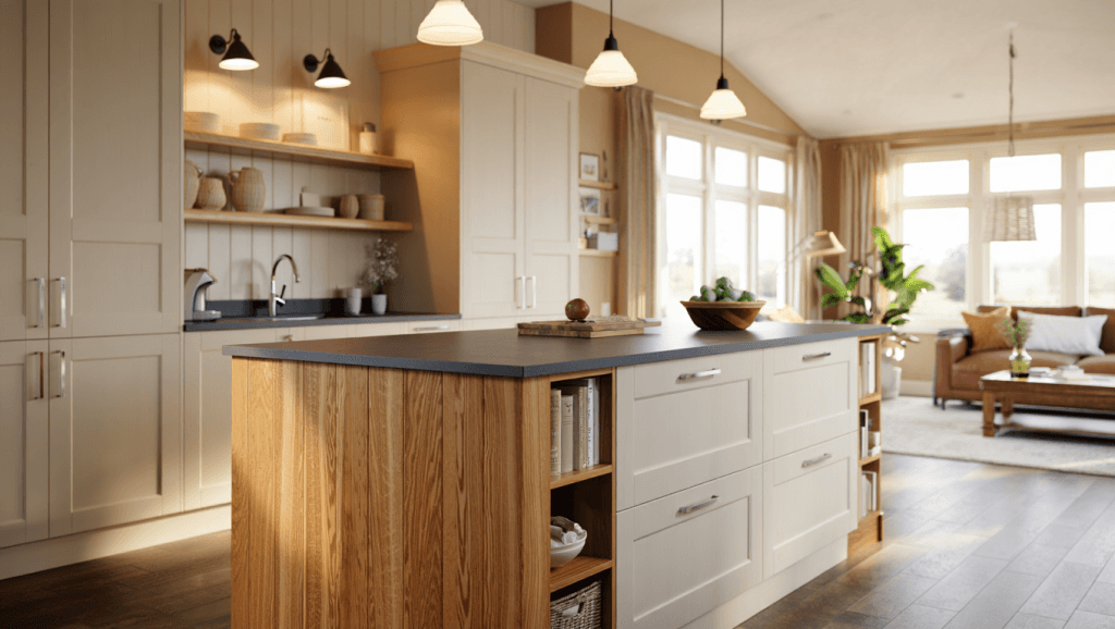 Open-concept Utah kitchen with warm white shaker kitchen cabinets, wood island, and shiplap accents.