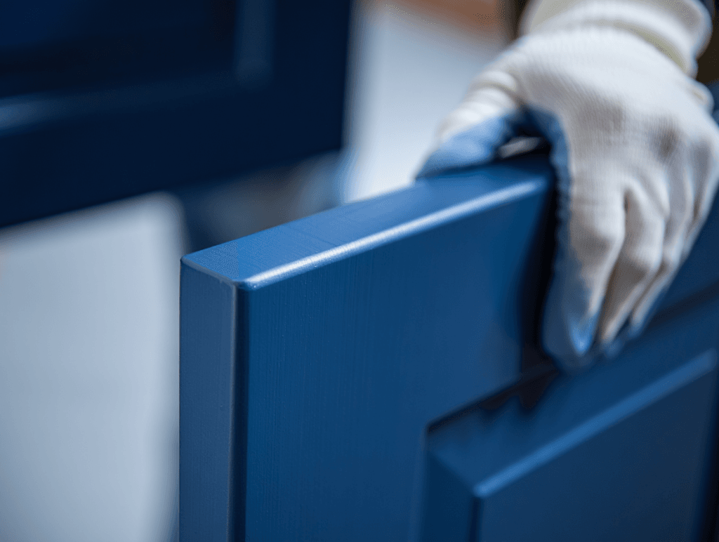 How Much Does it Cost to Paint Kitchen Cabinets in Utah? 3 Close up of satin finish on painted cabinet door showing smooth durability and lack of brush marks.