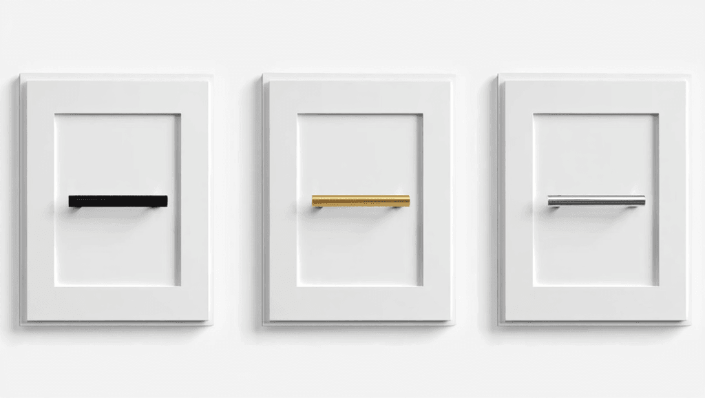 Kitchen Cabinet hardware finish comparison showing matte black, brushed brass chrome & silver hardware on white painted cabinets 