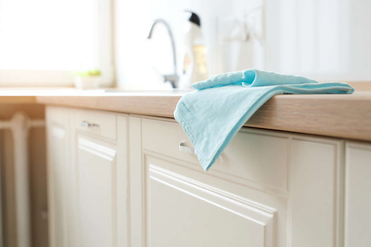 Properly maintained white painted kitchen cabinets with smooth finish and natural shine from regular cleaning