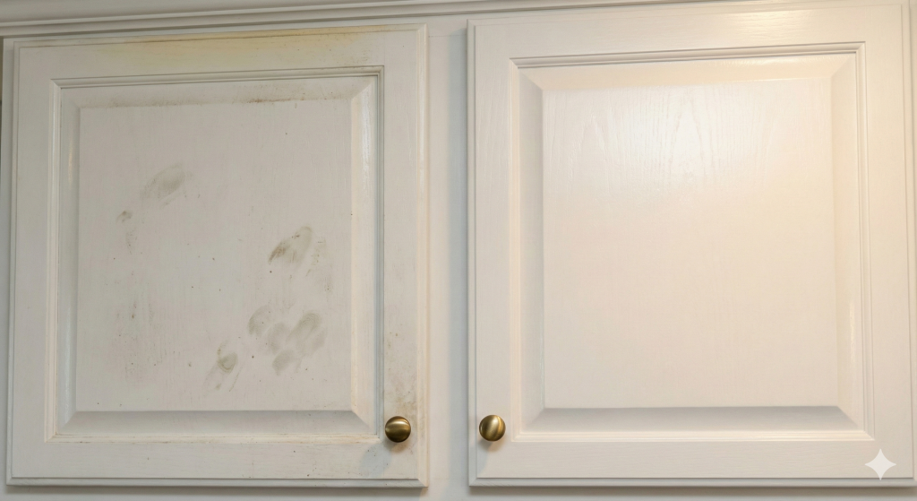 How to Clean Wooden Kitchen Cabinets: What Years of Cabinet Work Taught Me About Kitchen Maintenance 1 Comparison showing neglected kitchen cabinet with grease buildup next to properly cleaned cabinet with restored shine