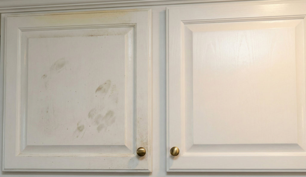 Comparison showing neglected kitchen cabinet with grease buildup next to properly cleaned cabinet with restored shine