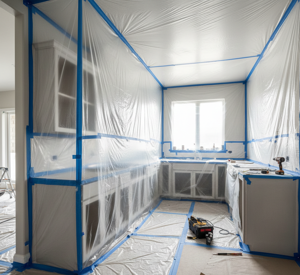 Professional kitchen containment setup during cabinet painting process