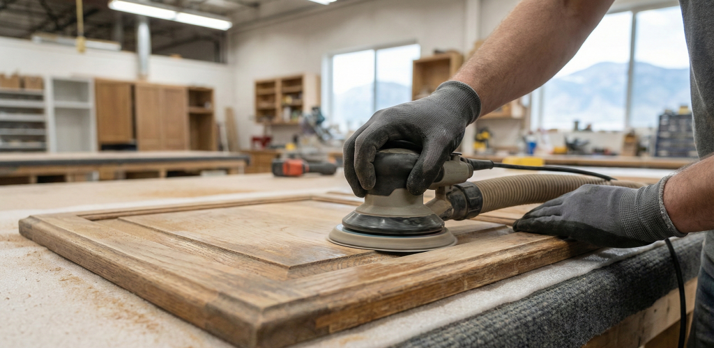 Professional Cabinet Refinishing Process Showing Sanding and Preparation
