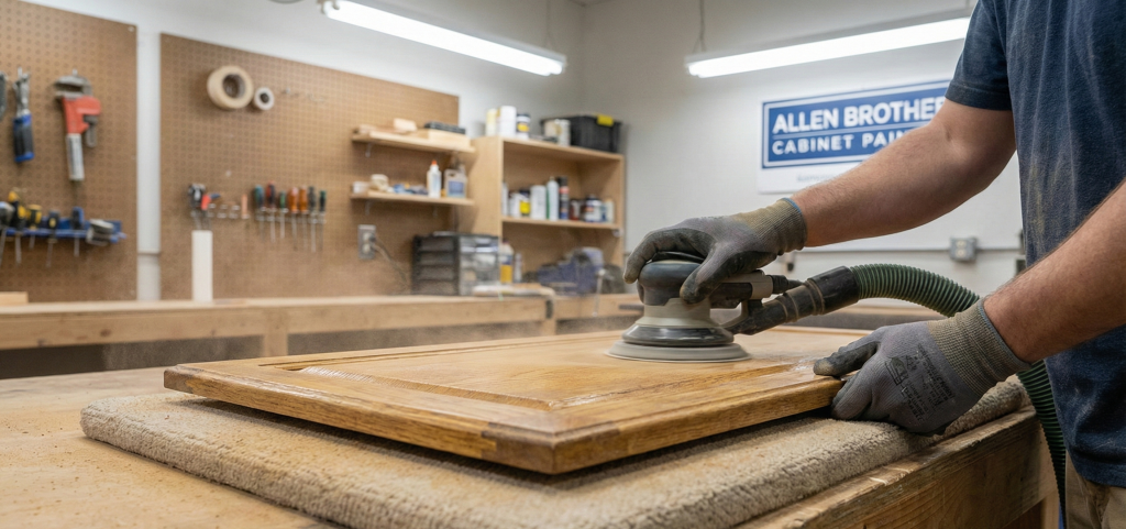 how to make wood cabinets look new by sanding cabinet doors during professional refinishing