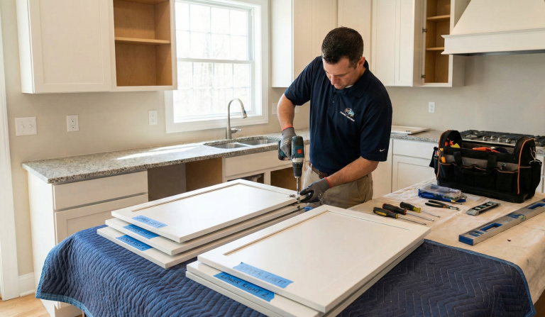 Kitchen Cabinet doors being professionally removed for painting in Salt Lake City. Refinish Your Kitchen Cabinets in Utah