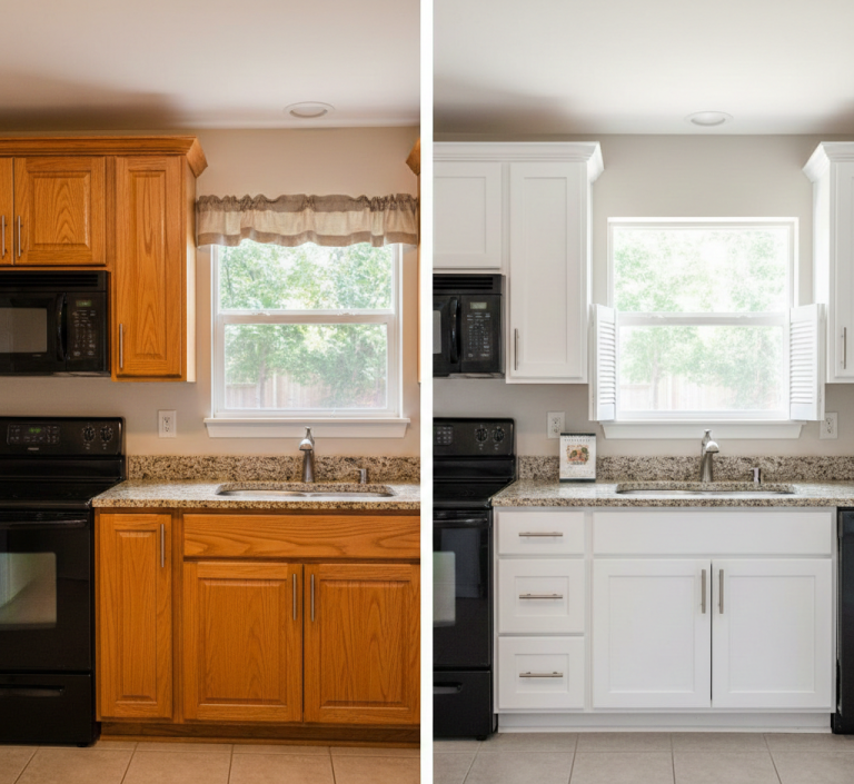 Professional cabinet painting Salt Lake City before and after showing oak cabinets transformed to white finish